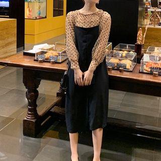 Set: Camisole + Dotted Mesh Blouse + Spaghetti Strap Midi Pinafore Dress