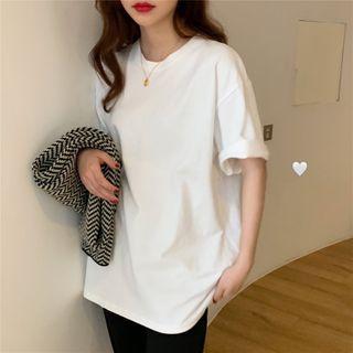 Plain Loose-fit Short-sleeve T-shirt White - One Size
