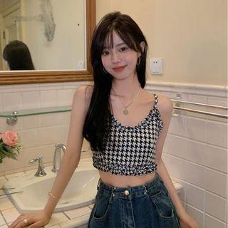 Houndstooth Ruffle Lace-up Cropped Camisole Top Black - One Size