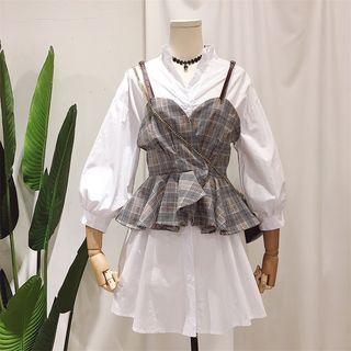 Set: Long-sleeve Dress + Sleeveless Peplum Check Top