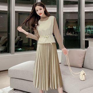 Set: Belted Vest + Long-sleeve Accordion Pleat Midi Dress
