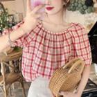 Elbow-sleeve Plaid Blouse With Hair Tie - Plaid - Red & Pink - One Size