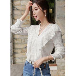 Faux-pearl Lace-trim Textured Blouse