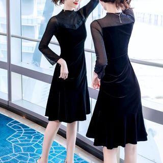 Long-sleeve Mock Neck A-line Velvet Dress