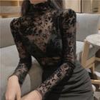 Long-sleeve Mock-neck Lace Top Black - One Size