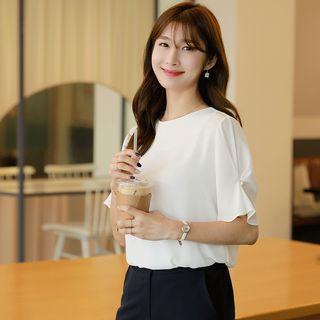 Shirred-sleeve Faux-pearl Trim Top