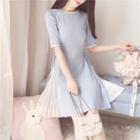 Elbow-sleeve Pleated Panel A-line Knit Dress