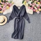 V-neck Open-back Slit Knit Dress With Sash