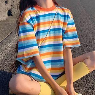 Striped Elbow-sleeve Boxy T-shirt