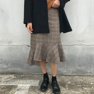 Plaid Straight Fit Ruffle Hem Midi Skirt