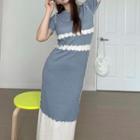 Short-sleeve Round-neck Knit Panel Ruffle Trim Dress