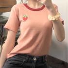 Knit Short-sleeve Print T-shirt Pink - One Size
