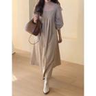Square-neck Puff-sleeve Pintuck Dress