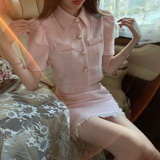 Puff-sleeve Blouse / Fringed Hem Mini Pencil Skirt