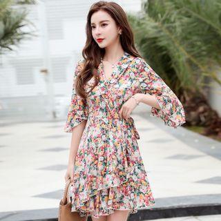 Elbow-sleeve Floral Print Wrap A-line Mini Dress