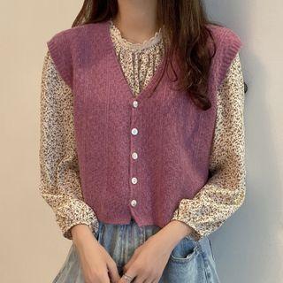 Floral Print Lace Trim Blouse / Buttoned Knit Vest