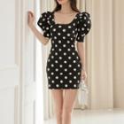 Puff-sleeve Dotted Bodycon Mini Dress