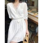 Elbow-sleeve Lace Trim Chiffon Dress