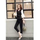 Set: 3/4-sleeve V-neck Paneled Top + Slim-fit Pants