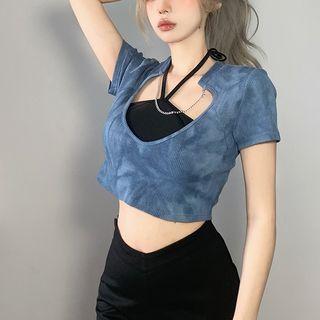 Set: Halter-neck Top + Short-sleeve Tie-dyed Ribbed Crop T-shirt