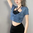 Set: Halter-neck Top + Short-sleeve Tie-dyed Ribbed Crop T-shirt