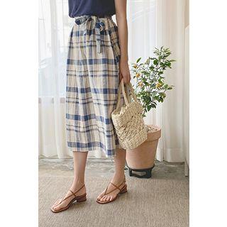 Midi Plaid Skirt With Sash Blue - One Size