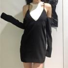 Contrast Trim Cut Out Shoulder Long Sleeve Dress