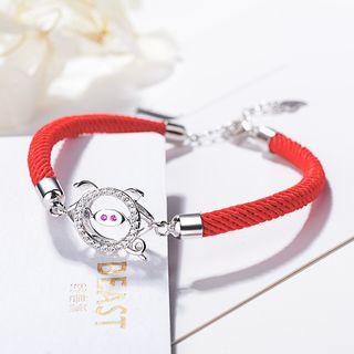925 Sterling Silver Rhinestone Pig Red String Bracelet Silver & Red - One Size