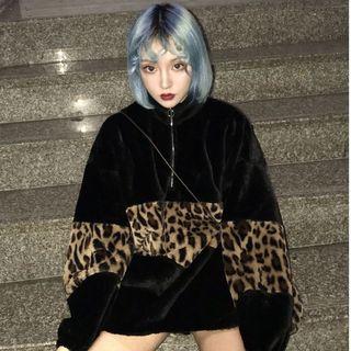 Leopard Pattern Half Zip Pullover Black - One Size