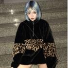 Leopard Pattern Half Zip Pullover Black - One Size
