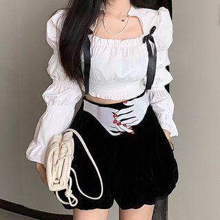 Puff-sleeve Crop Top / Velvet Puff Shorts
