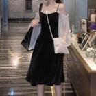 Long-sleeve Cold Shoulder Velvet A-line Midi Dress