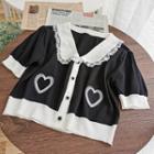 Heart Embroidered Lace Trim Short-sleeve Knit Top Black - One Size