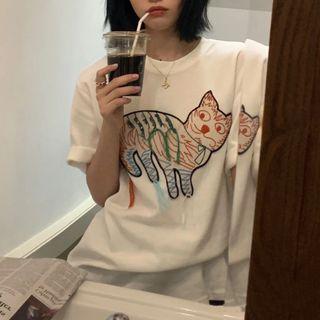 Short-sleeve Cartoon Cat T-shirt T-shirt - Cat - Khaki & White - One Size
