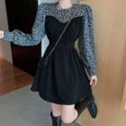 Leopard Print Panel Long-sleeve Mini A-line Dress / Crossbody Bag