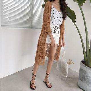 Pointelle Knit Elbow-sleeve Long Cardigan
