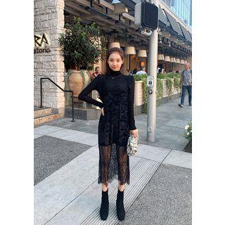 Lace-panel Sleeveless Velvet Dress