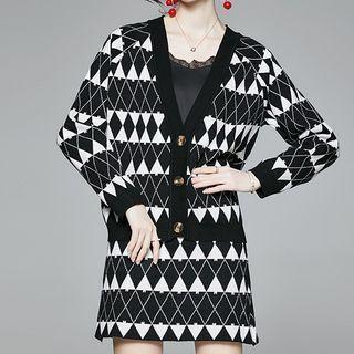 Set: Argyle Cardigan + Knit Mini A-line Skirt Cardigan - Black - One Size / Skirt - Black - One Size