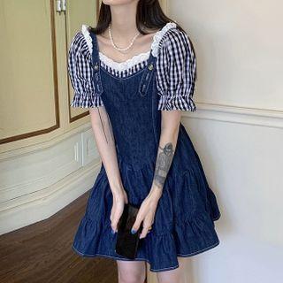 Off-shoulder Gingham Blouse / Denim Mini A-line Overall Dress