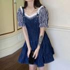 Off-shoulder Gingham Blouse / Denim Mini A-line Overall Dress
