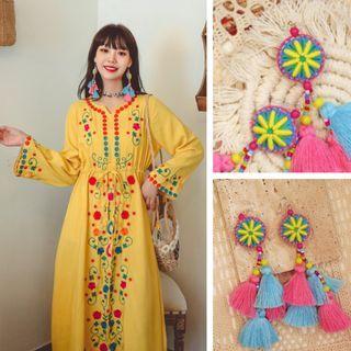 Crochet-knit Tassel Earring Blue - One Size