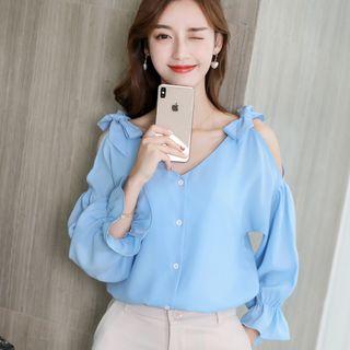 Off-shoulder Ribbon-accent Chiffon Blouse