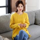 Round-neck Distressed Cable-knit Sweater