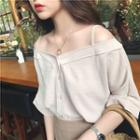 Elbow-sleeve Cold Shoulder Buttoned Top