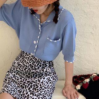 Contrast Trim Short-sleeve Cardigan / Leopard Print Mini A-line Skirt