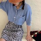 Contrast Trim Short-sleeve Cardigan / Leopard Print Mini A-line Skirt