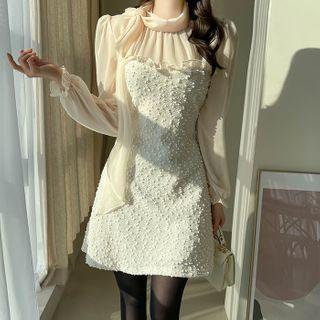 Scarf-neck Chiffon-panel Pompom Dress