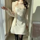 Scarf-neck Chiffon-panel Pompom Dress