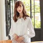 Tie-neck Lace Trim Bell-sleeve Chiffon Blouse