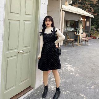 Bow Accent Dotted Overall Dress